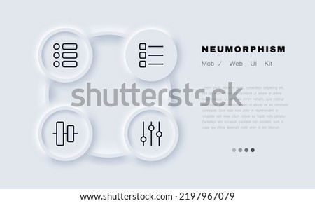 Navigation menu set icon. App, application, list, pictogram, settings sliders, control panel, horizontal alignment. Technology concept. Neomorphism style. Vector line icon for Business and Advertising