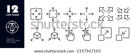 Zoom in and out arrows set icon. Maximize, minimize, scale, increase, decrease, three dimensional cube, view, hand, move, control, gesture, expand. Technology concept. Vector line icon for Business.