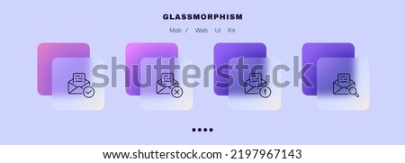 Email management set icon. Communication, checkmark, cross, exclamation point, magnifier, send report, spam, accept, reject. Business concept. Glassmorphism style. Vector line icon for Advertising.