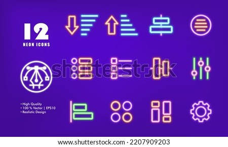 Navigation menu set icon. Order, arrows up, down, alignment, list, pictogram, capture, sliders, control panel, gear, settings, view, circles, squares. Technology concept. Neon glow. Vector line icon.