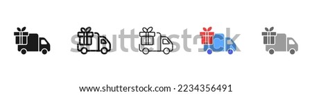 Minivan with gift set icon. Delivery, truck. Free and fast delivery of goods. Post. Minivan that delivers the order. Shopping concept. Vector five icon in different style on white background