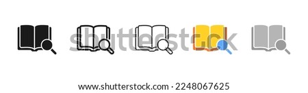 Book with magnifying glass set icon. Listen, volume, search, bookmark, note, check box, mark, tick, pick, website, online. Technology concept. Vector five icon in different style on white background