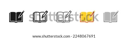 Book with pen set icon. Write a message, correspondence, chat, book, note, book, literature, education, notepad, pen, pen, ink, sheet, paper. Vector five icon in different style on white background