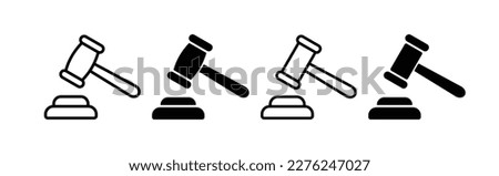 Judge's gavel. Silhouette, black, judicial hammer icon set. Vector icons.