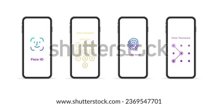 Ways to protect the screen icons. Flat, color, face id, pin code, finger scanner, pattern key. Vector icons