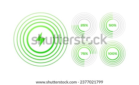 Energy charge icons. Flat, green, 25%,50%,75%,100% charge, lightning icons. Vector icons