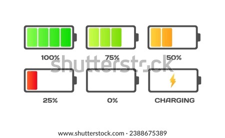 Icons of different battery levels. Flat, color, 100, 75, 50, 25, 0 percent charging icons. Vector icons