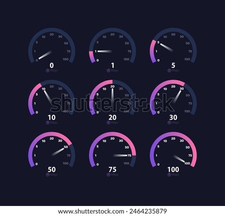 Internet speed speedometer icon set. MBPS Speedometer Set. Flat Style. Vector icons