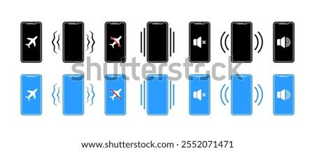 Sound indicator on your phone. Flight Mode Icons. Silhouette  Flat Style. Vector icons