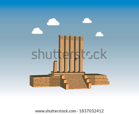 Vector illustration in flat linear style.Awwam Temple in Marib