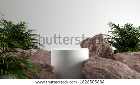 Minimal cosmetic background for product presentation. Cosmetic bottle podium and green leaf on white color background. 3d render illustration. Object isolate clipping path included.