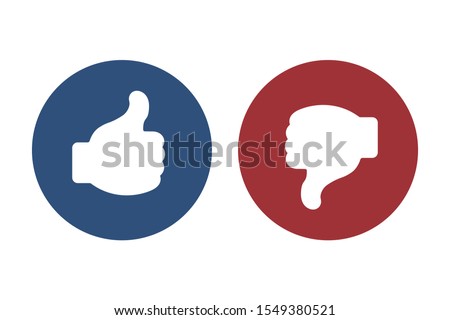 Like and dislike buttons red and blue colors isolated on white background. White finger up and down on a blue circle.
