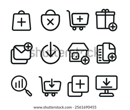 Stylish Shopping icon set and E-commerce Icon Set, collection of minimalist e-commerce icons for online shopping, showing bags, carts, downloads and notifications.