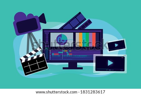 video production vector illustration, film editing monitor, clap board, film strip, camera, video player interface