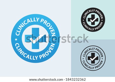 clinically proven vector illustration, emblem, icon, sign, cross with tick mark , blue colored