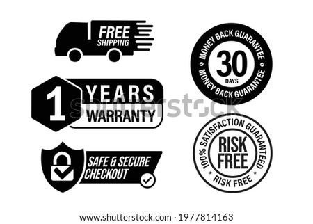 e commerce vector icon set including, free shipping, 1 year warranty, safe and secure checkout, risk free-100% satisfaction guarantee, 30 days money back guarantee