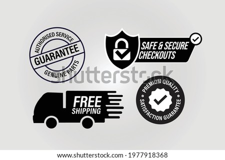 vector eCommerce icons such as authorized service-genuine parts guaranteed, safe and secure checkout, free shipping, satisfaction guaranteed