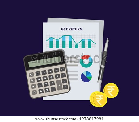 GST return vector illustration. Goods and services tax abstract with calculator, graph and charts
