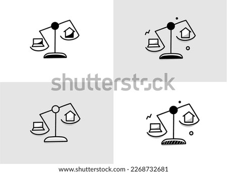 Work-Life Balance. A balancing scale with a laptop on the left side, and a home on the right side.