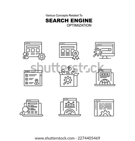 Search engine optimization icon set. Website optimization icon. Online visibility, Google ranking icon. Black and White vector line icons.