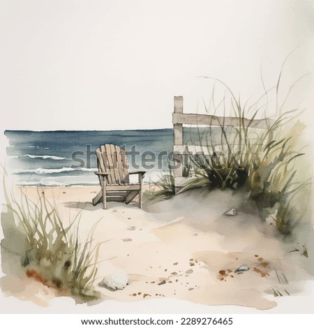 chair on a beach. Watercolor Painting of Calm Waters. Vector Watercolor illustration.