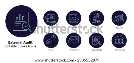 External Audit Icons Set. external review, independent audit, financial audit, and statutory audit. Editable Stroke Icons.