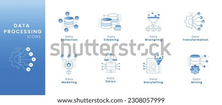 Data Processing Icons. Mining, Collecting, Cleaning, Wrangling, Transforming, Modeling, Storytelling.