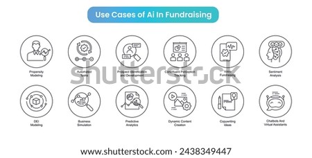 Machine Learning fundraising icon set. Fundraising Data-Driven applications symbols. Intelligent donation use cases symbols. Use cases of AI in fundraising.