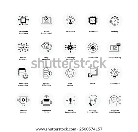 TinyML and AI Technology Icon Set - Neural Networks, Model Deployment, Wearable Tech and More.Vector Editable Stroke and Colors.