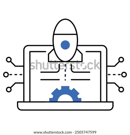 An icon representing cloud-based AI deployment with a rocket launching from a laptop, symbolizing innovation, cloud computing, and AI-driven development.