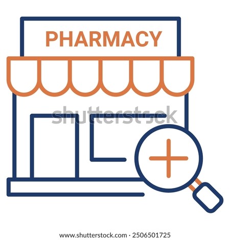 Search Pharmacy By Location Icon Design. Representing Pharmacy Location. Search By Location. Find Pharmacies. Pharmacy Finder. Vector icon.