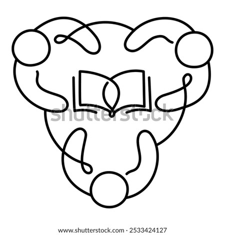 Pages of Unity Icon – Three Persons in a Circle with an Open Book, Representing Collective Knowledge and Understanding