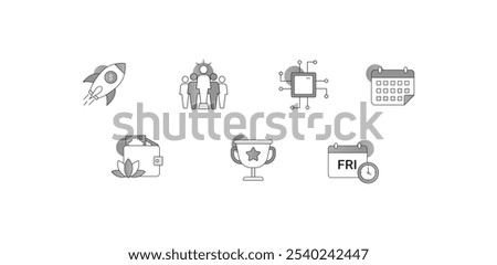 Event Planning and Coordination. Icons Included: Calendar with Event Marked, Calendar with Friday Marked, Group of People, Trophy with Star, Signpost with Multiple Directions