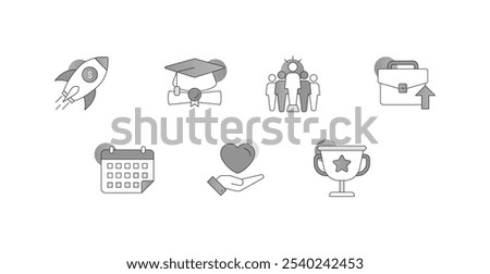 Career Growth and Motivation. Icons Included: Briefcase with Arrow Up, Graduation Cap with Diploma, Trophy with Star, Rocket with Dollar Symbol, Calendar with Event Marked