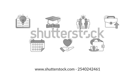 Personal Growth and Self-Improvement. Icons Included: Open Book with Lightbulb, Hand with Heart, Graduation Cap with Diploma, Briefcase with Arrow Up, Trophy with Star