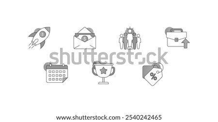 Financial Growth and Rewards. Icons Included: Rocket with Dollar Symbol, Envelope with Money, Briefcase with Arrow Up, Price Tag with Percentage Symbol, Trophy with Star