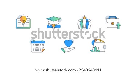 Personal Growth and Self-Improvement. Icons Included: Open Book with Lightbulb, Hand with Heart, Graduation Cap with Diploma, Briefcase with Arrow Up, Trophy with Star