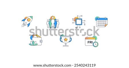 Event Planning and Coordination. Icons Included: Calendar with Event Marked, Calendar with Friday Marked, Group of People, Trophy with Star, Signpost with Multiple Directions