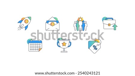 Financial Growth and Rewards. Icons Included: Rocket with Dollar Symbol, Envelope with Money, Briefcase with Arrow Up, Price Tag with Percentage Symbol, Trophy with Star