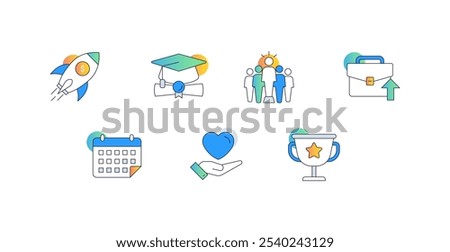 Career Growth and Motivation. Icons Included: Briefcase with Arrow Up, Graduation Cap with Diploma, Trophy with Star, Rocket with Dollar Symbol, Calendar with Event Marked