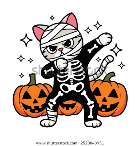 A cartoon cat dressed as a skeleton for Halloween, surrounded by jack-o'-lanterns.