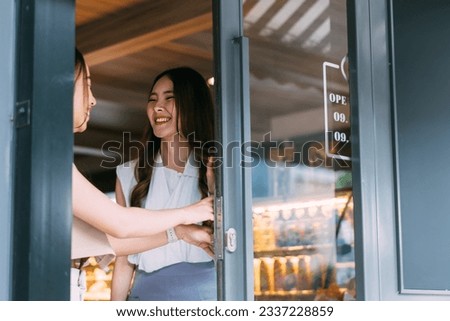 Image, Stock Photo Cheerful woman leaving restaurant