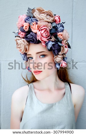 Sensual sexy woman face wearing floral wreath