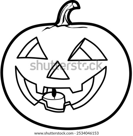 A minimalistic line art of a jack-o'-lantern with a wide grin, triangle eyes, and a glowing candle inside, ideal for Halloween-themed designs