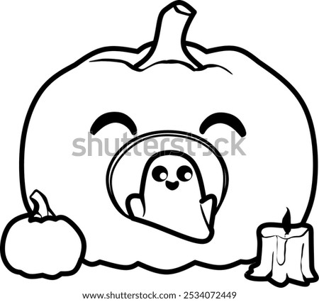 Line art featuring a smiling ghost next to a large pumpkin, with a small candlelit pumpkin on the side, perfect for Halloween-themed designs.