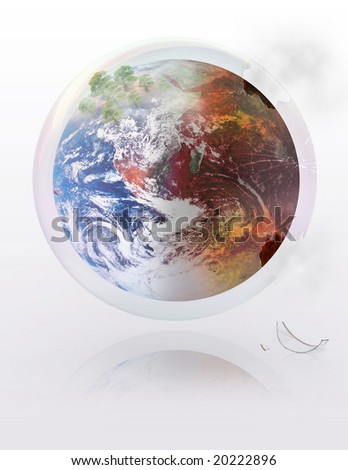 Peace and growth on one side and destruction and pollution on the other of the earth globe