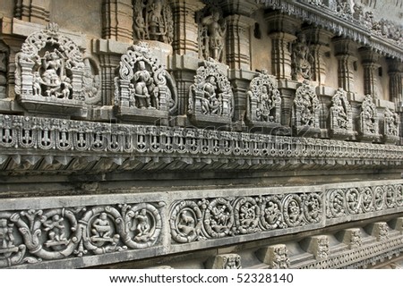 layered carvings around the famous ancient belur temple in karnataka state, india. Construction of the Chenna Keshava Hindu temple began in 1116 AD, and took more than 100 years to complete.