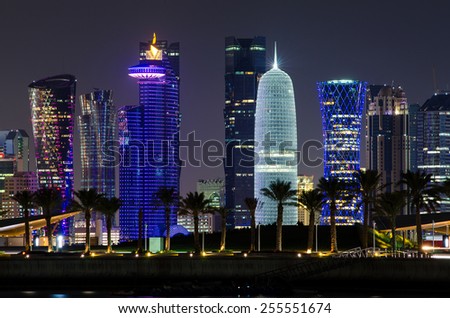 DOHA, QATAR - FEB 24: The West Bay City skyline at night as seen from Museum of Islamic Art Park on February 24, 2015 in Doha, Qatar.