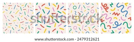 Fun colorful line seamless pattern set. Cute playful childish hand drawn print collection. Creative multicolor shape background. Simple confetti party texture. Vector illustration