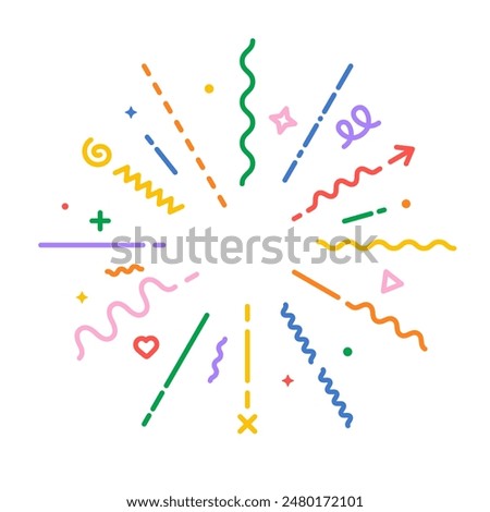 Confetti explosion vector line icon. Modern geometric starburst explosion. Colorful flat style radial confetti boom on white background. Vector illustration